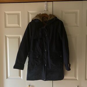 Valuker womens Med. Navy Blue parka removable faux fur lining three seasons cozy